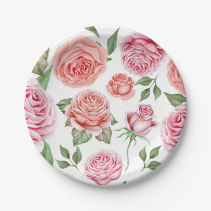 Peach Coral Pink Roses Greenery Leaves Shabby Chic Paper Plate