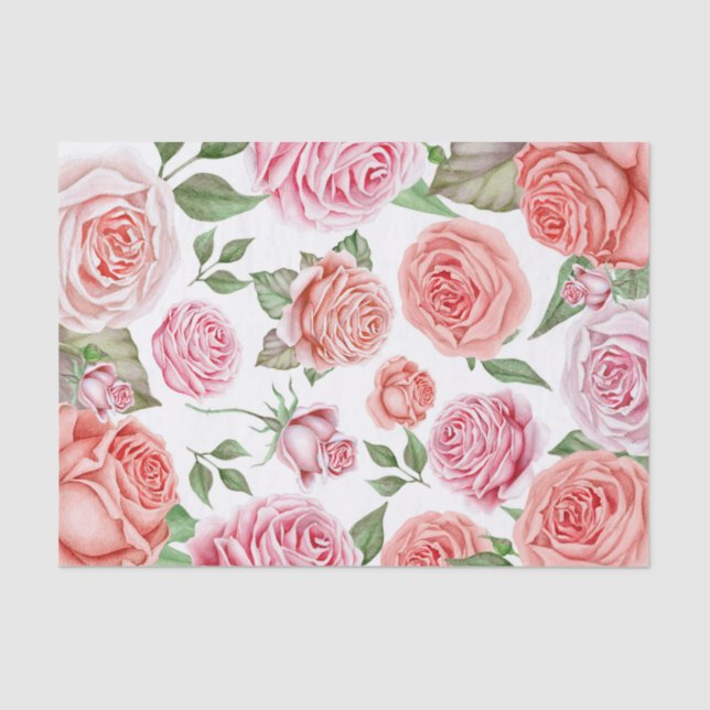 Peach Coral Pink Roses Greenery Leaves Shabby Chic Tissue Paper (Front)