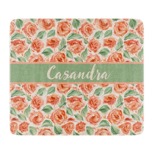 Peach Coral Rose Floral Monogram Name Kitchen  Cutting Board (Front)
