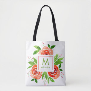 Peach-Coral Roses Watercolor Monogram Personalised Tote Bag