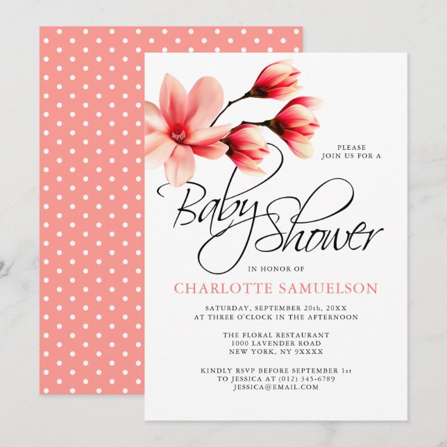 Peach Coral Salmon Floral Magnolia Baby Shower Invitation (Front/Back)