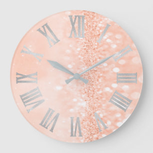 Peach Coral Silver Glitter Grey Roman Numbers Large Clock