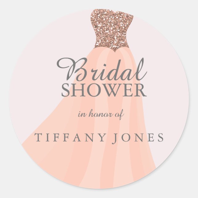 Peach Coral Sparkling Glitter Gown Bridal Shower Classic Round Sticker (Front)