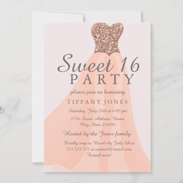 Peach Coral Sparkling Glitter Gown Sweet 16 Invite (Front)