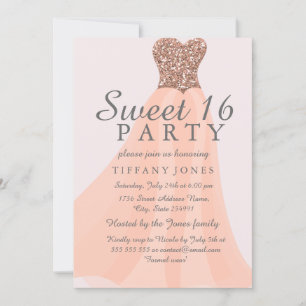 Peach Coral Sparkling Glitter Gown Sweet 16 Invite