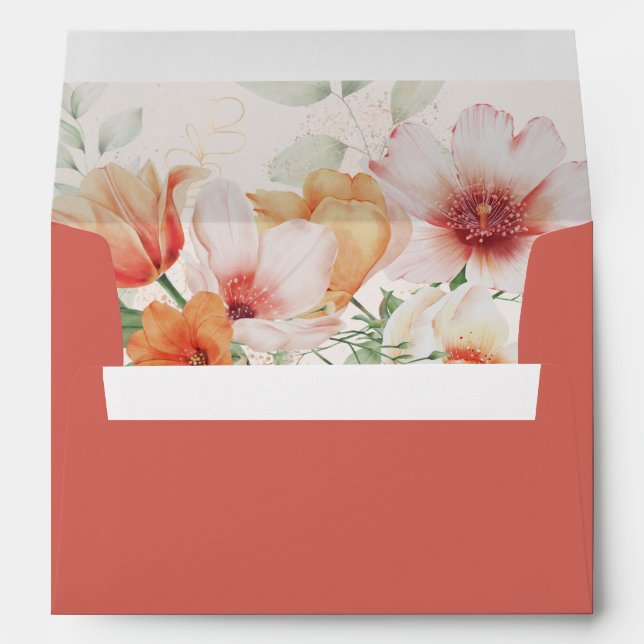 Peach Coral Spring Summer Floral Wedding Envelope (Back (Bottom))