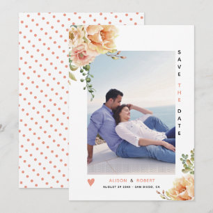 Peach coral watercolor flowers photo save the date