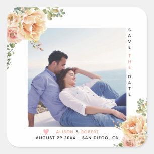 Peach coral watercolor flowers photo square sticker