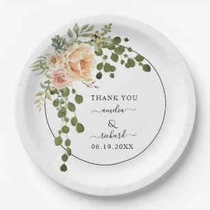Peach coral watercolor flowers Thank You wedding P Paper Plate