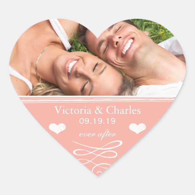 Peach Coral Your Photo Everafter Wedding Heart Sticker (Front)