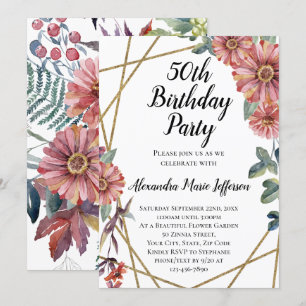 Peach Coral Zinnia Flower Womens 50th Birthday Invitation