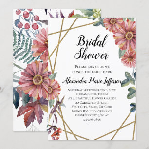 Peach Coral Zinnia Watercolor Flower Wedding Invitation