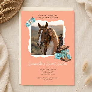 Peach Cowgirl Photo Sweet Sixteen Birthday Invitation