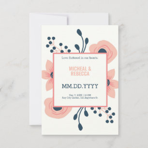Peach cream and blue flowers rustic wedding  invitation