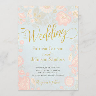 Peach Cream and Blue Spring Gold Script Wedding Invitation
