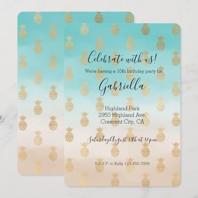 Peach Cream Aqua Ombre Gold Pineapples Invitation (Front/Back)