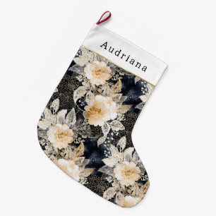 Peach Cream Black Floral Christmas Large Christmas Stocking