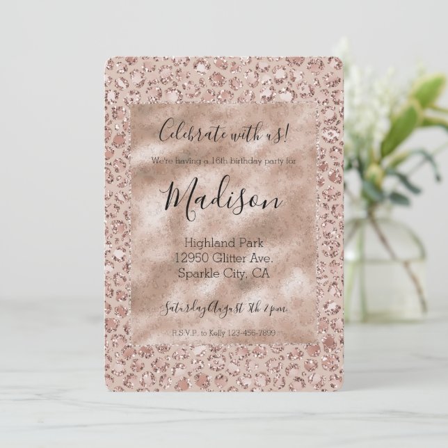 Peach Cream Blush Leopard Print Glitter       Invitation (Standing Front)