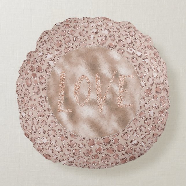Peach Cream Blush Leopard Print Glitter Love   Round Cushion (Front)