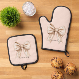 Peach Cream Bow Oven Mitt & Pot Holder Set