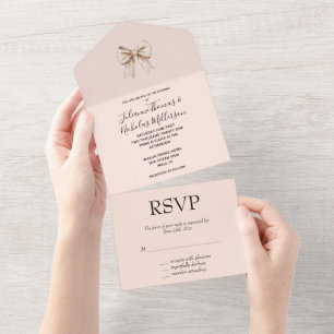 Peach Cream Bow Wedding All In One Invitation