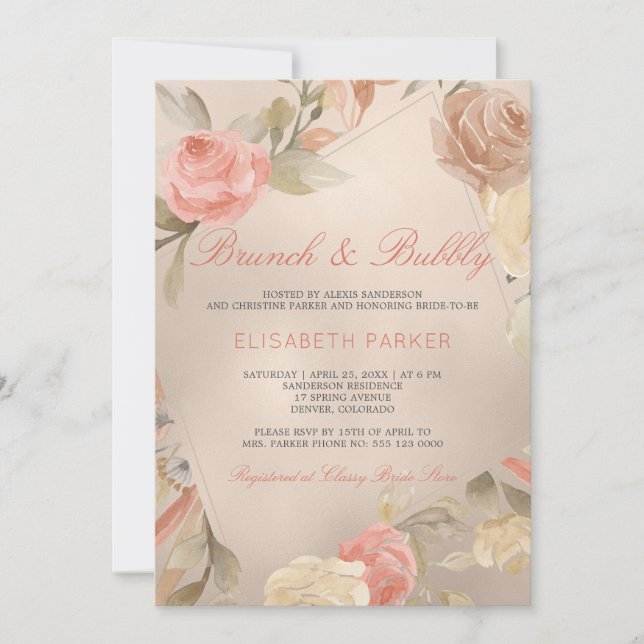 Peach Cream Faux Gold Foil Floral Brunch & Bubbly Invitation (Front)