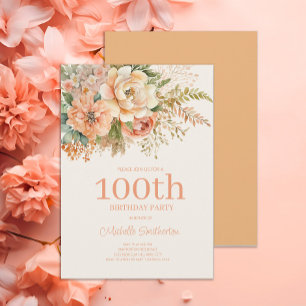 Peach Cream Floral 100th Birthday Invitation