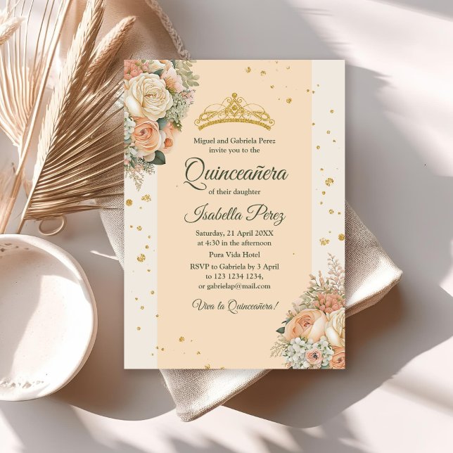 Peach Cream Floral and Gold Tiara Quinceanera  Invitation (Peach Cream Floral and Gold Tiara Quinceanera Invitation on a white table with neutral decor.)