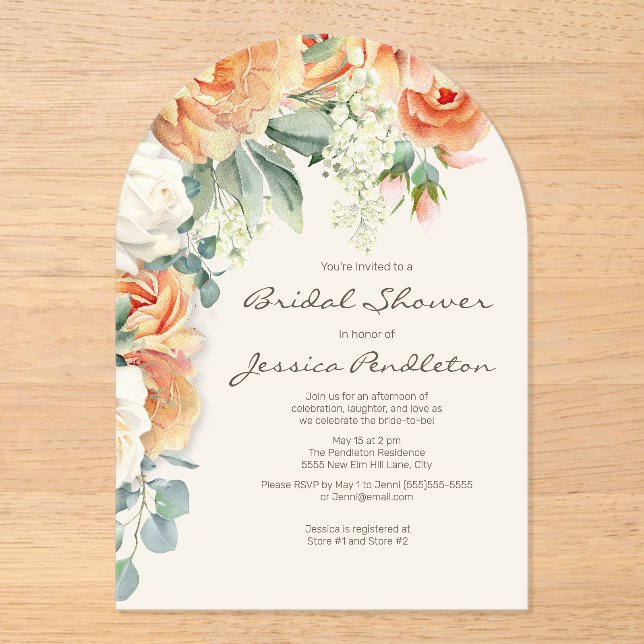 Peach Cream Floral Eucalyptus Bridal Shower Acrylic Invitations (Front)