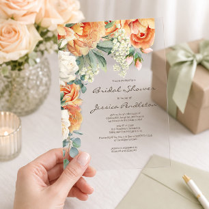 Peach Cream Floral Eucalyptus Bridal Shower Clear Acrylic Invitations