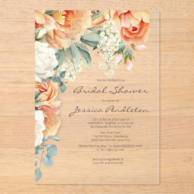 Peach Cream Floral Eucalyptus Bridal Shower Clear Acrylic Invitations (Front)