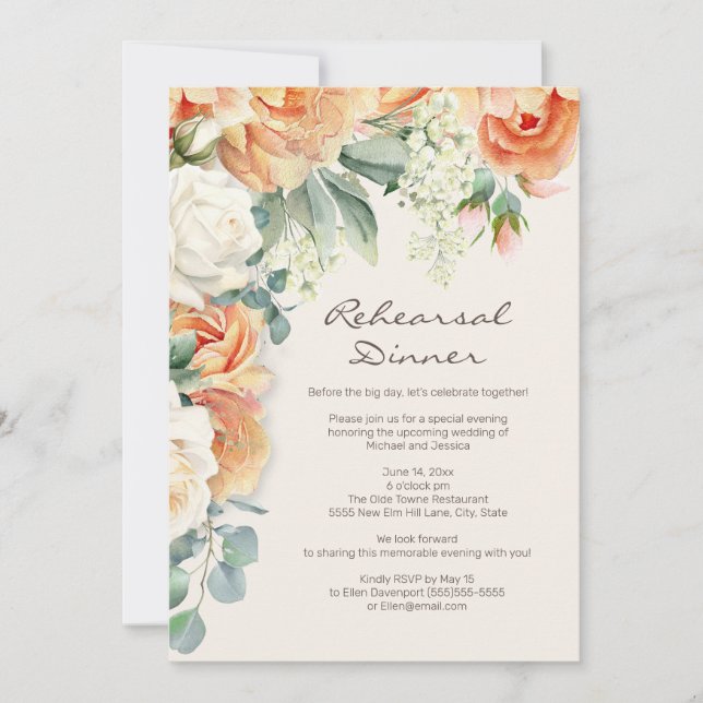 Peach Cream Floral Eucalyptus Rehearsal Dinner Invitation (Front)