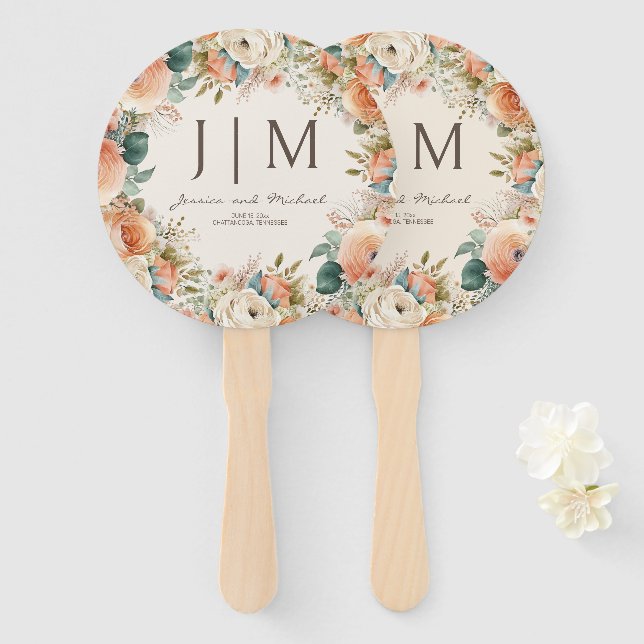 Peach Cream Floral Eucalyptus Wedding Hand Fan (Front and Back)