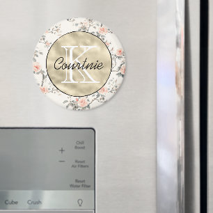 Peach Cream Floral Gold Monogram      Magnet