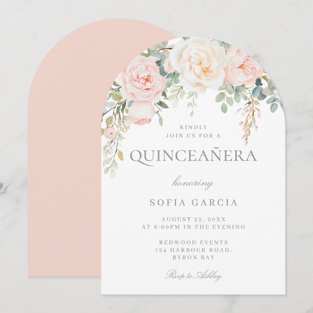 Peach & Cream Floral Quinceanera 15th Party Invitation (Front/Back)