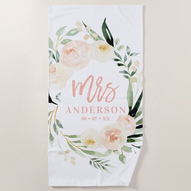 Peach cream green watercolor floral wedding beach towel (Front)