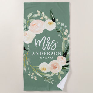 Peach cream green watercolor floral wedding mrs beach towel