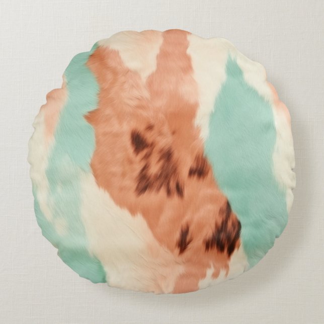 Peach Cream Mint Cowgirl Cowhide Round Cushion (Front)