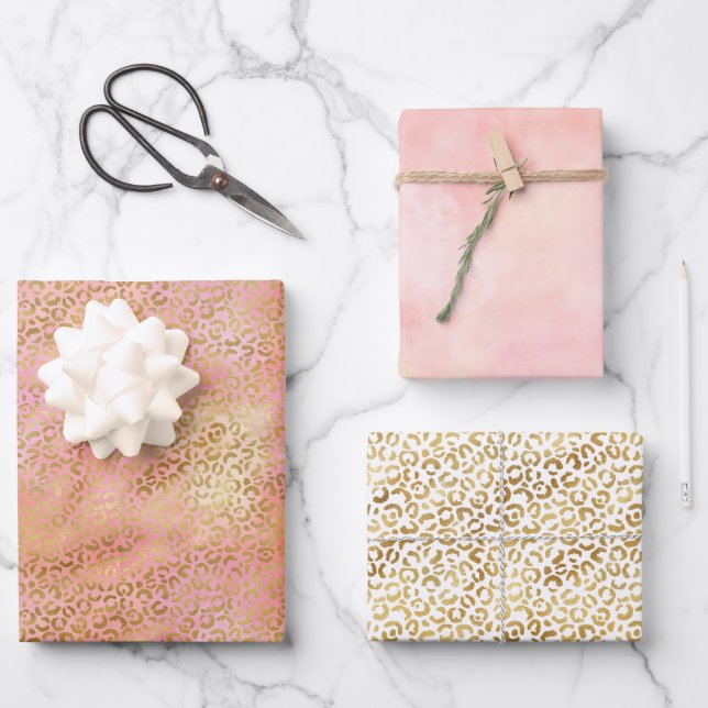 Peach Cream Pink Yellow Gold Leopard Print Tie Dye Wrapping Paper Sheet (Front)