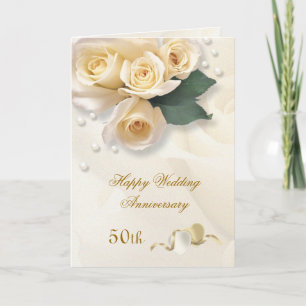 Peach cream roses, hearts 50th Wedding Anniversary Card