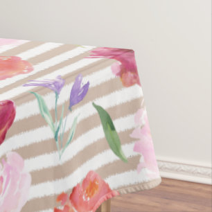 Peach Cream Stripes Watercolor Flowers Tablecloth