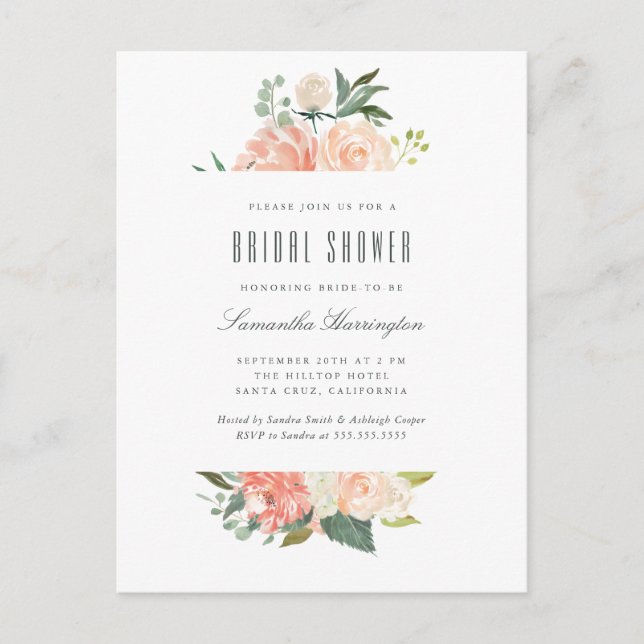 Peach & Cream Watercolor Floral Bridal Shower Invitation Postcard (Front)