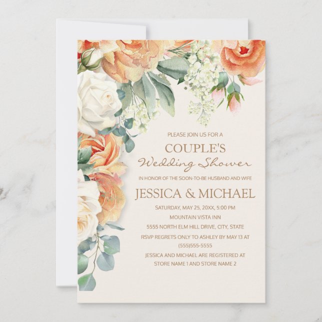 Peach Cream Watercolor Floral Couple's Shower Invitation (Front)