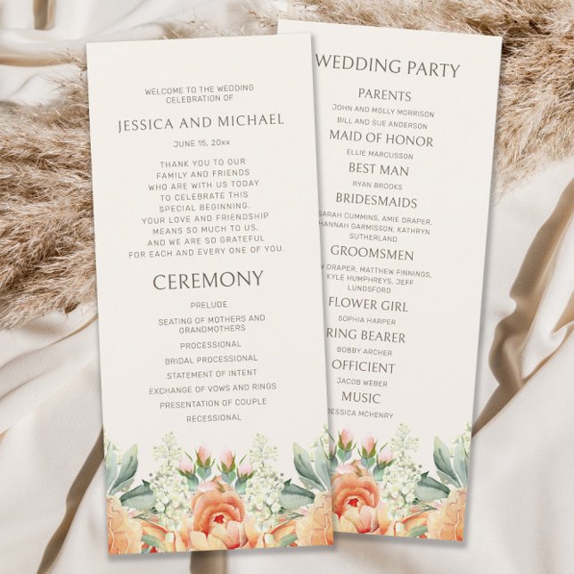 Peach Cream Watercolor Floral Wedding Program (Peach and cream-colored watercolor floral wedding program)