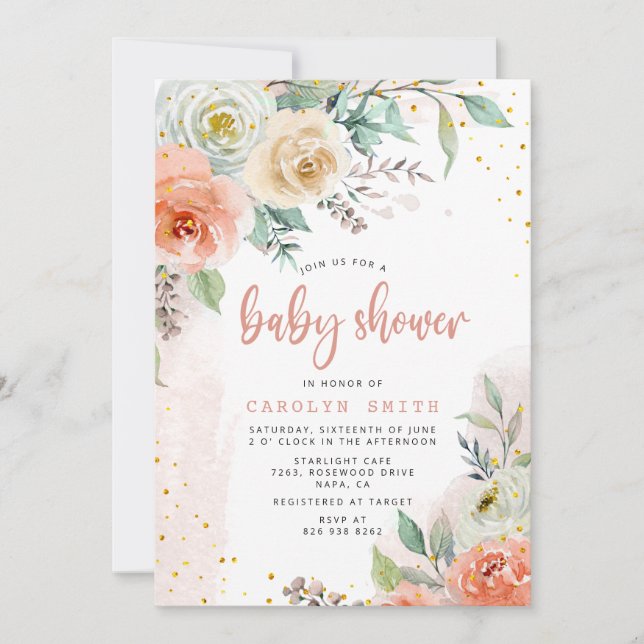 Peach Cream White Roses Floral Gold Baby Shower  Invitation (Front)