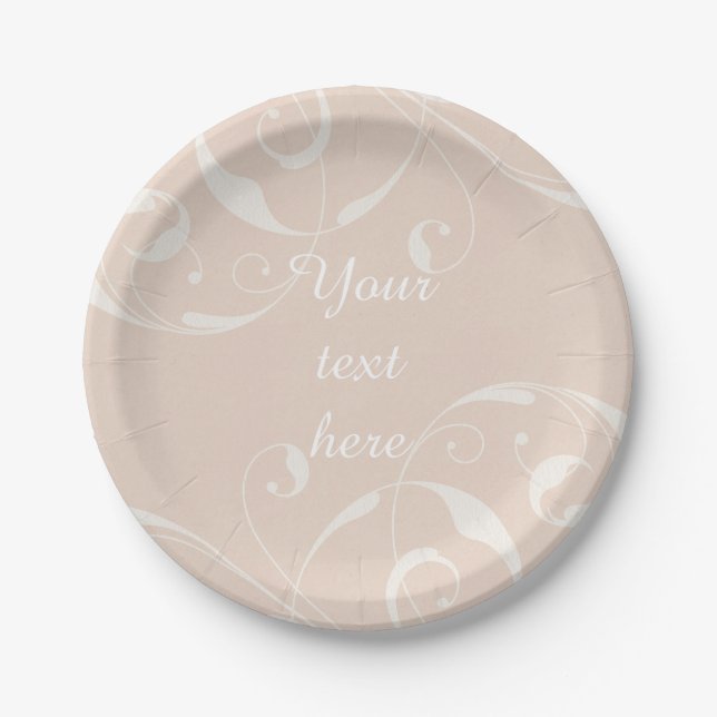 Peach & Creamy White Floral Swirl Elegant Wedding Paper Plate (Front)