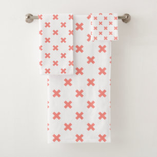 Peach cross stitches on white bath towel set