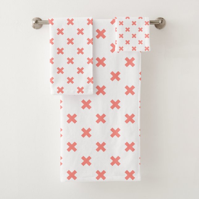 Peach cross stitches on white bath towel set (Insitu)