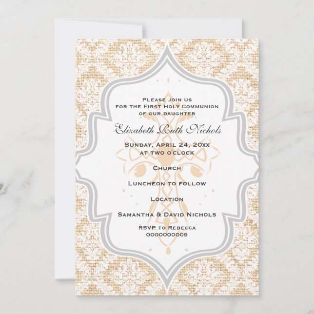 Peach Cross white damask burlap First Communion Invitation (Front)