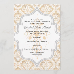 Peach Cross white damask burlap First Communion Invitation